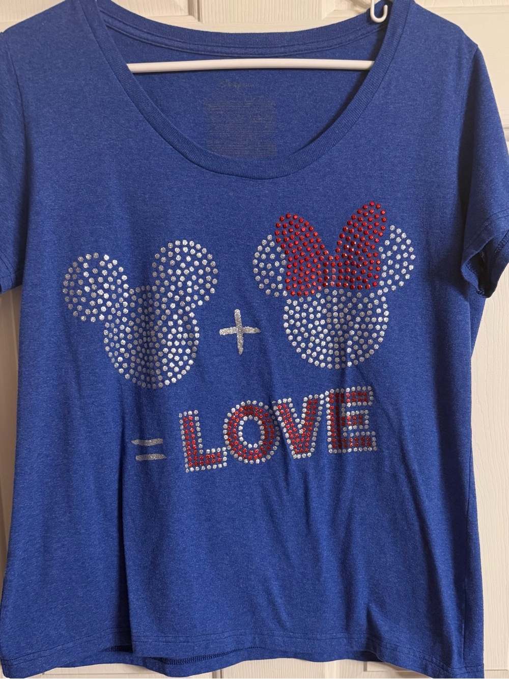 Disney Blue Short Sleeve Tee with Rhinestone Mickey+Minnie=LOVE XL